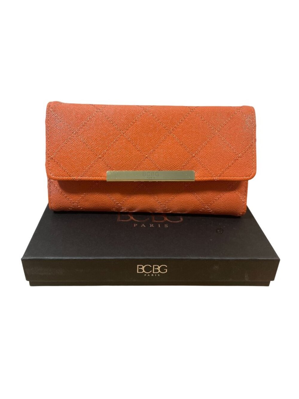 BCBG Paris York Slim Wallet Quilted Faux Leather Snap Close Orange with Box